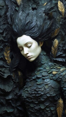 Fantasy dark gothic portrait of a young woman surrounded or dressed in textured black leaves and feathers. Created with Generative AI technology.