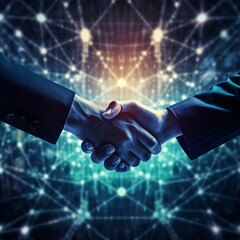 Close up of business people shaking hands against abstract glowing dotty background