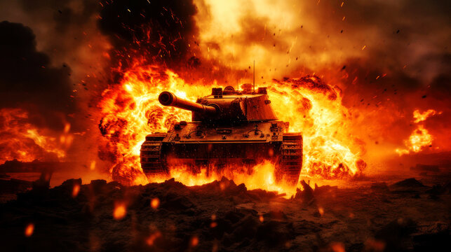 On the battlefield, a tank succumbs to a furious fireball explosion, its formidable structure now nothing but a burning relic. Destruction of War. Generative AI