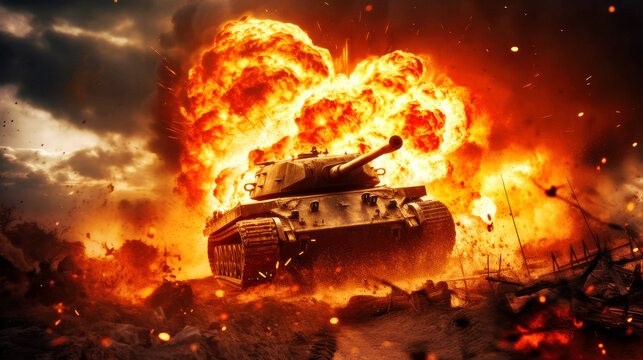 On the battlefield, a tank succumbs to a furious fireball explosion, its formidable structure now nothing but a burning relic. Destruction of War. Generative AI