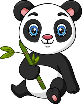 Cute baby cartoon panda holding bamboo leaves
