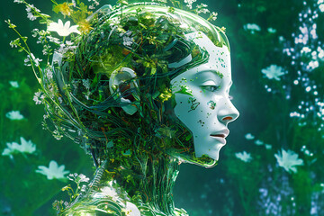 Beautiful white female android with its head covered in green leaves. Technology returning to nature concept. Created with Generative AI technology.
