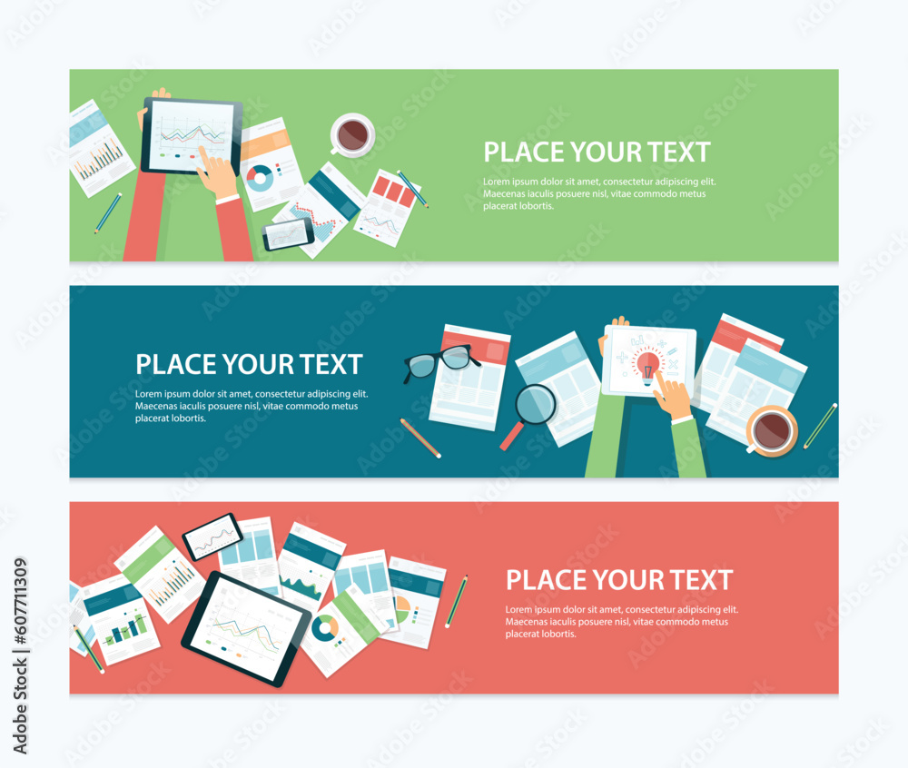 Aufkleber Set of horizontal web banner design templates. business finance investment planning with device technology concept. and working with a report online document.
