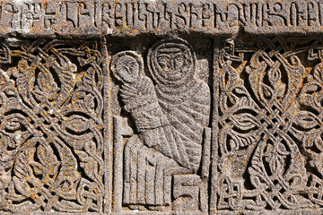 Virgin and Child. Detail of a medieval khachkar in Kotavank church. Nerkin Getashen, Gegharkunik...