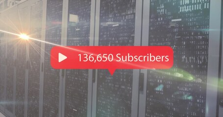 Animation of play icon with increasing subscribers, light spots and mosaic squares over server room - Powered by Adobe