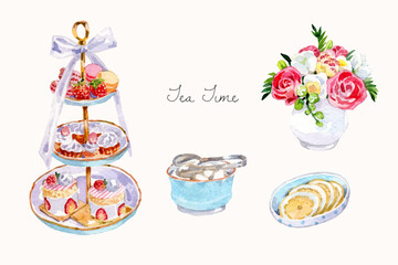 Watercolor elegant tea party elements collection