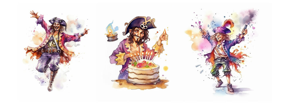 Set of Illustrations in a watercolor style for the design of invitation cards for a children's birthday party in the theme of Pirate Treasures, generated by AI