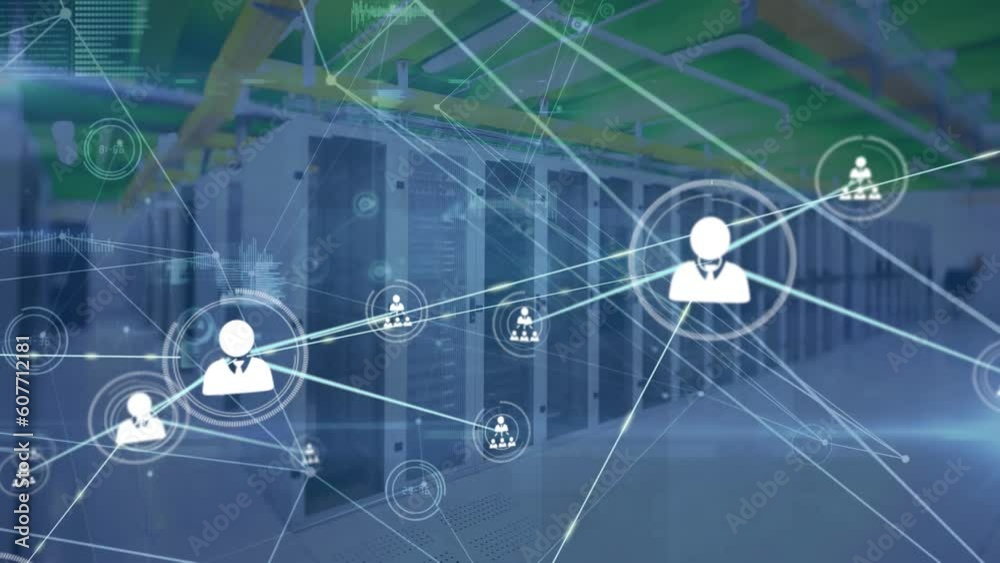 Poster animation of network of profile icons and data processing against computer server room