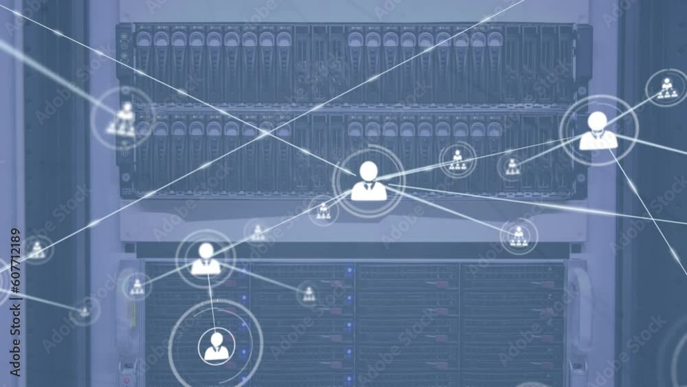 Poster animation of network of profile icons against close up of a computer server