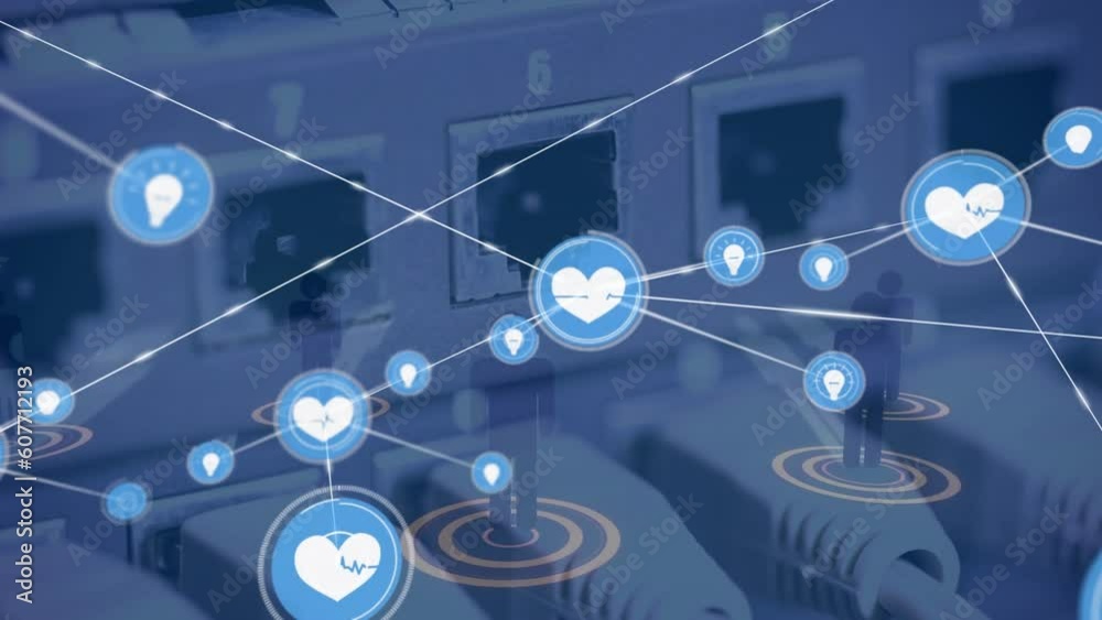 Poster animation of network of digital icons and business networking icons over close up of computer server