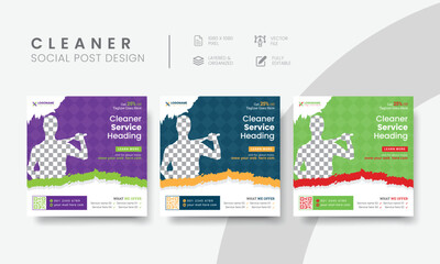 Creative cleaning service social media post for commercial marketing. Corporate office, home, and hotel cleaning business square social media web banner layout. Vol - 26