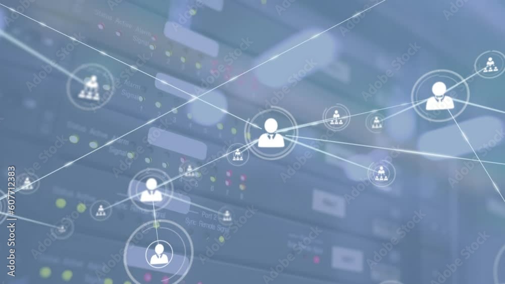 Poster animation of network of profile icons against close up of a computer server