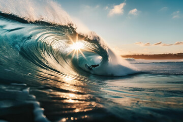 Surfer swims under crystal ocean wave, surfer balance on board while swimming, generative AI