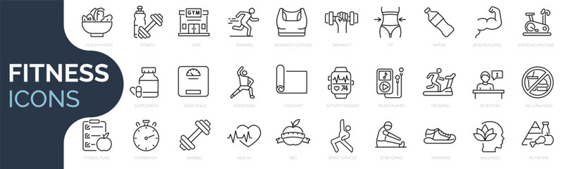 Set of line icons related to fitness, gym. Outline icon collection. Editable stroke. Vector illustration - obrazy, fototapety, plakaty