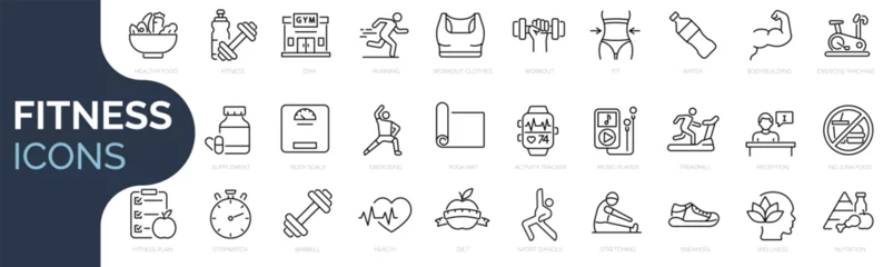 Gordijnen Set of line icons related to fitness, gym. Outline icon collection. Editable stroke. Vector illustration © SkyLine