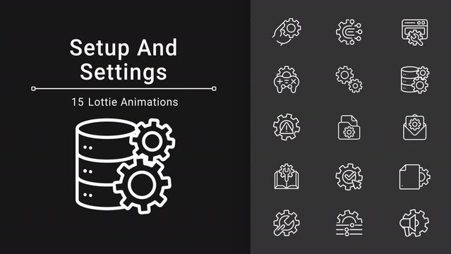 Animated setup white icons. Configuration tool line animation. Setting cogwheel. User preferences. Loop HD video with chroma key, alpha channel, transparent background. Outline motion graphic