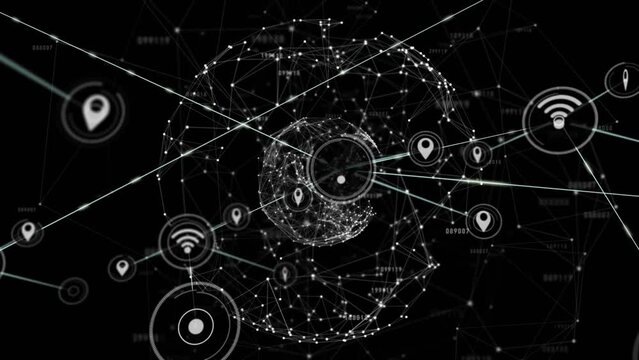 Animation of network of digital icons and globe of network of connections against black background