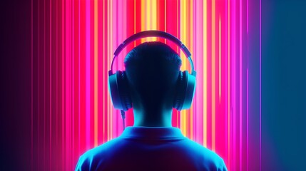 Media streaming concept, a person''s head donned in headphones is shown against a vibrant, colorful screen, symbolizing immersion in multimedia content. Generative AI