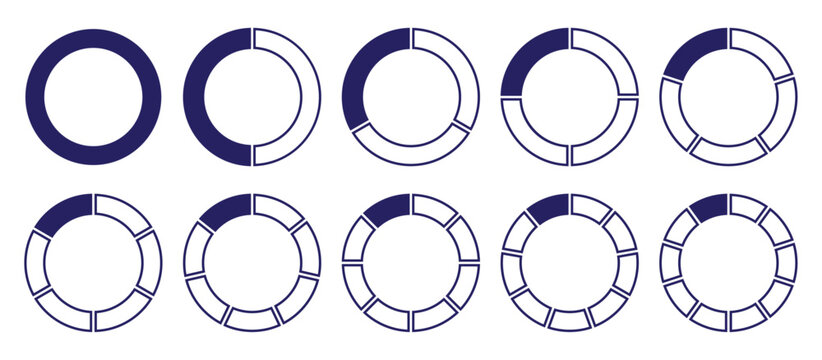 Circles Divided Diagram 1, 2, 3, 10, 7, 8, Graph Icon Pie Shape Section Chart. Segment Circle Round Vector 5, 6, 9 Divide Infographic. Vector Illustration.