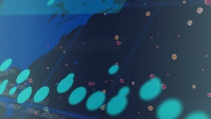 Animation of data processing and fruit emoji icons over world map against blue background - Powered by Adobe