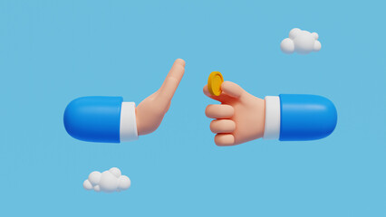 3D hand offers money, other hand shows a gesture of refusal. Stop corruption, anti bribery concept. Businessman hand giving golden coin as bribe. Other Businessman refusing money, 3D illustration