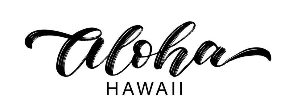 ALOHA HAWAII text. Summer word Aloha Hawaii quote. Brush Calligraphy text aloha hawaii. Hand Lettering Design. Summer print for girls t shirt, tee, poster. Tropical Vector illustration phrase.