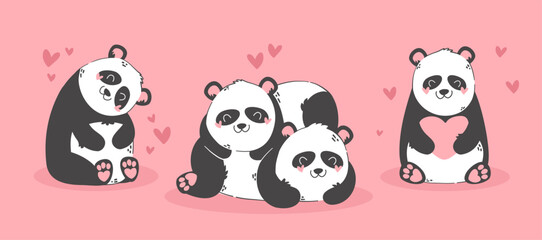 Cute funny cartoon panda couple in love. Animals character with hearts. Valentine day romantic drawing. Kids baby design.