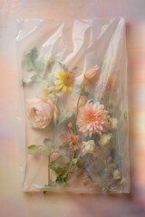 Plastic transparent bag full of spring blooming blossom flowers on pastel background. Environment nature concept. Generated AI.
