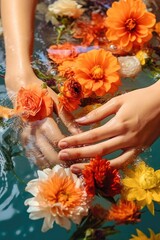 Female hand touching the spring blooming colorful flowers in the lake or river water. Generated AI.