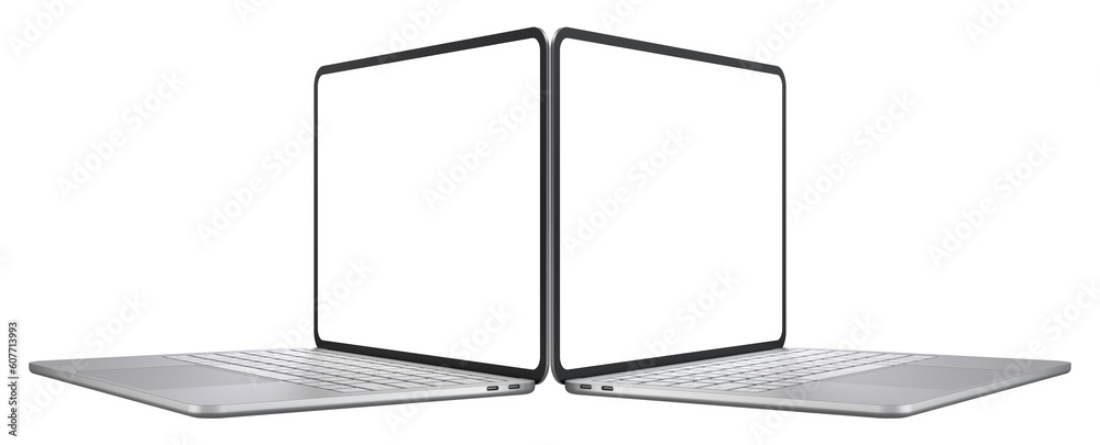 Poster laptop devices with transparent screens positioned diagonally and placed side by side, creating a mi
