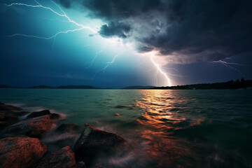 Evening thunderstorm over sea coast, generative ai
