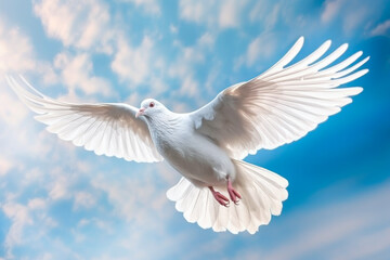 White pigeon flying in the blue sky.AI generated.