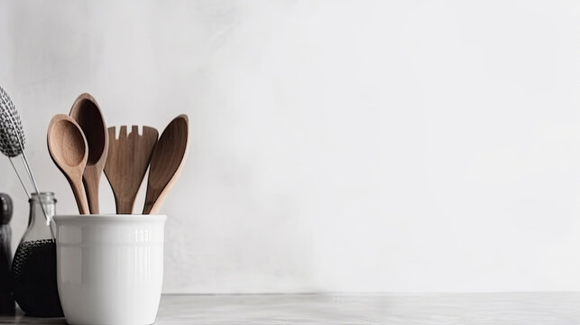 Different appliances, clean dishes and utensils on kitchen counter Generative AI