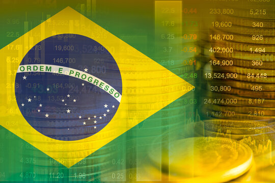 Brazil flag with stock market finance, economy trend graph digital technology.