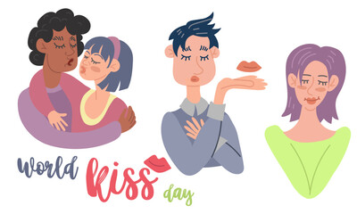 World Kissing Day. Two couples, one hugs and kisses, and the second flirts and blows a kiss. valentine's day. Children's illustration about love For printing, posters, postcards A gift for a loved one