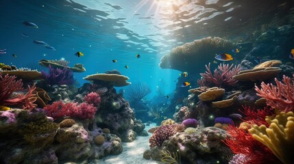 Underwater Scene With Coral Reef Underwater Blue Tropical Seabed With Reef And Sunbeam