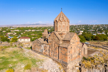 Fototapeta na wymiar Aerial view of Hovhannavank monastery on sunny summer day. Ohanavan village, Aragatsotn Province, Armenia.