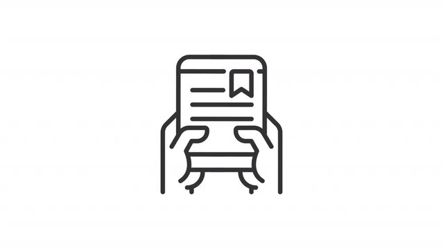 Animated hands with ebook line icon. Thumb swiping left animation. Turning pages. E reader. Digital library. Loop HD video with alpha channel, transparent background. Outline motion graphic