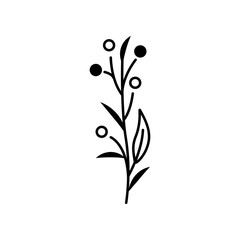 Black silhouette of a abstract plant with leaves and dots. Clipart.