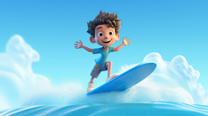 3d cartoon boy riding a surfboard. Generative AI.