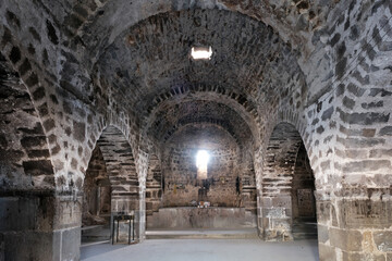 Fototapeta na wymiar Very authentic view of interior of Saint Gevorg church. Herher, Vayots Dzor Province, Armenia.