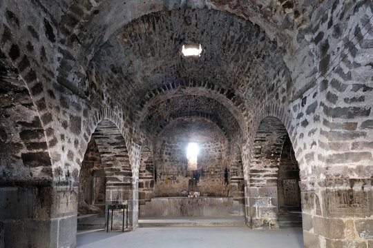 Very authentic view of interior of Saint Gevorg church. Herher, Vayots Dzor Province, Armenia.