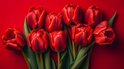 Spring red colour tulip flowers on red background. AI generated