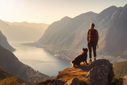 Woman and her beloved dog as they stand on the peak of a mountain. Generative AI