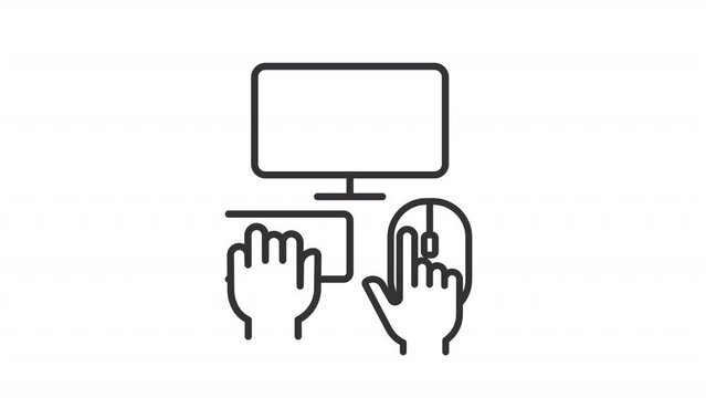 Animated using computer line icon. Hands on computer mouse and keyboard animation. Office equipment. Web development. Loop HD video with alpha channel, transparent background. Outline motion graphic