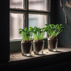 microgreen. seedlings on the windowsill. plants on the window. garden in the house. greenery in winter. ai generation