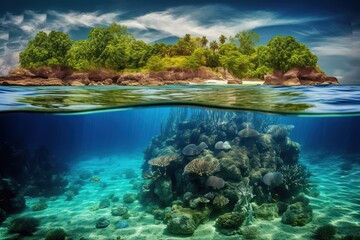 Tropical sea island and coral reef, clear sea and colorful corals, generative AI.