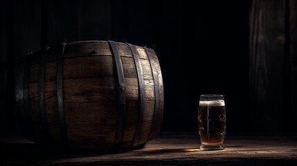 Wooden beer barrel in storage. Generative Ai