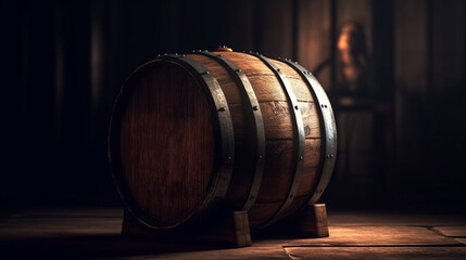 Wooden beer barrel in storage. Generative Ai