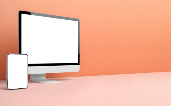 Tablet desktop computer smartphone handphone with transparent screen cutout on bright background, PNG file. Mockup template for artwork design. Copy text space. 3D rendering